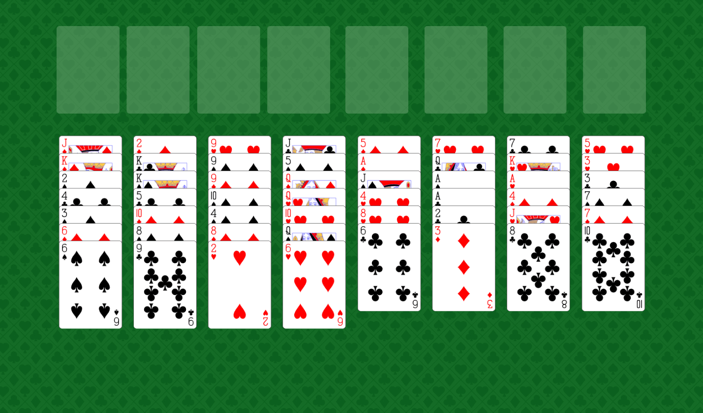 FreeCell opening layout: four free cells top left, four foundations top right, eight cascades of face-up cards