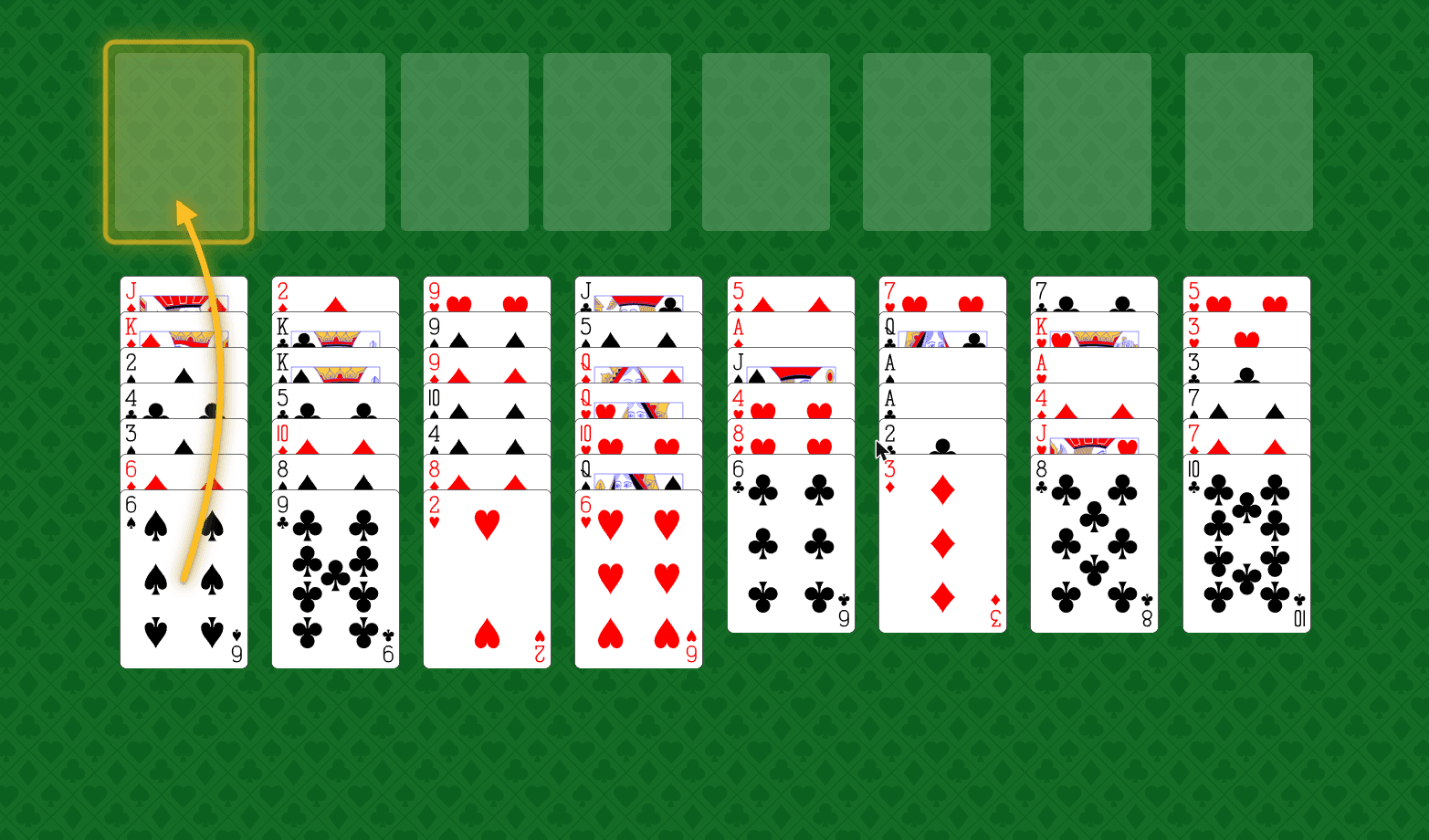 FreeCell hint showing a highlighted card and an arrow pointing to the free cell it should move to