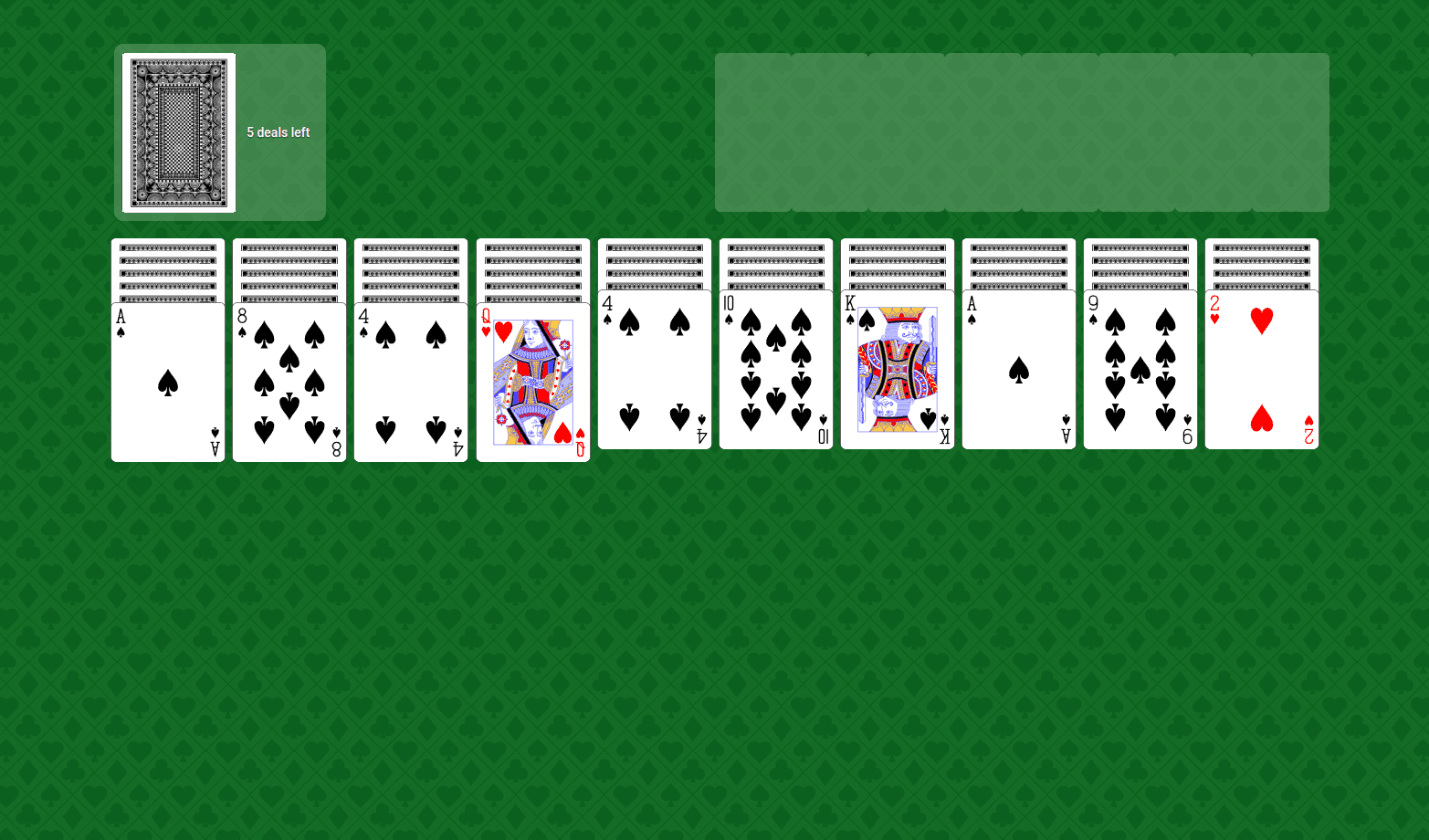 Spider Solitaire opening layout: ten columns, stock at the top left, slots for finished runs at the top right