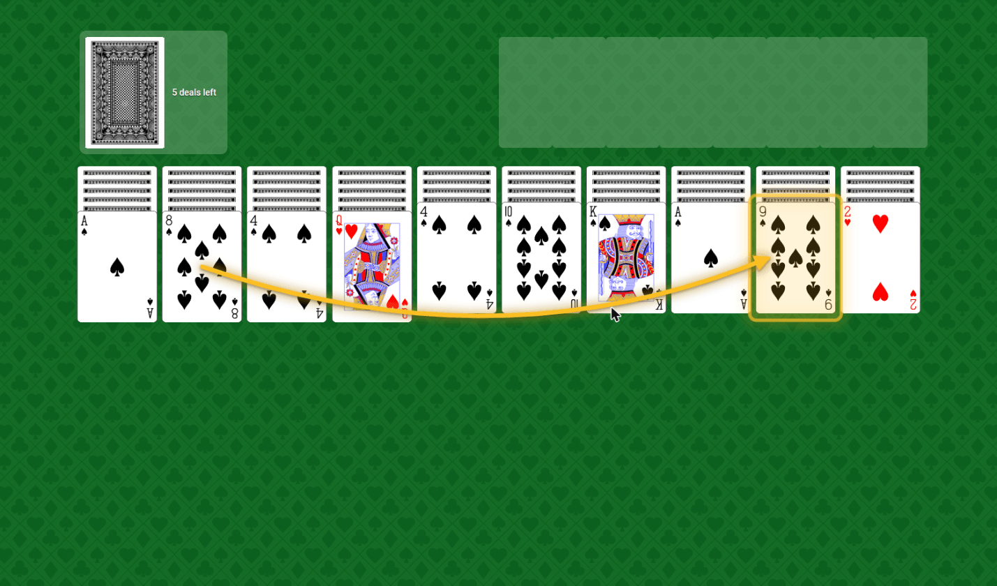 Spider Solitaire hint showing a run of cards outlined and an arrow to the column it should move to